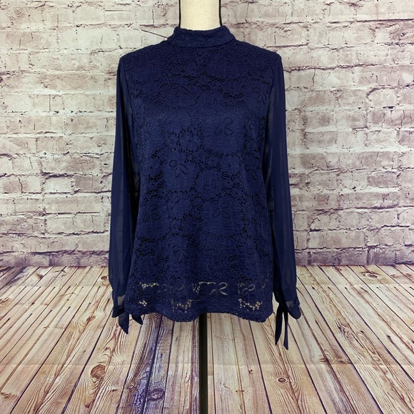 Rose & Olive Tops - Rose & Olive Blue Lace Overlay Long Sleeve Blouse
